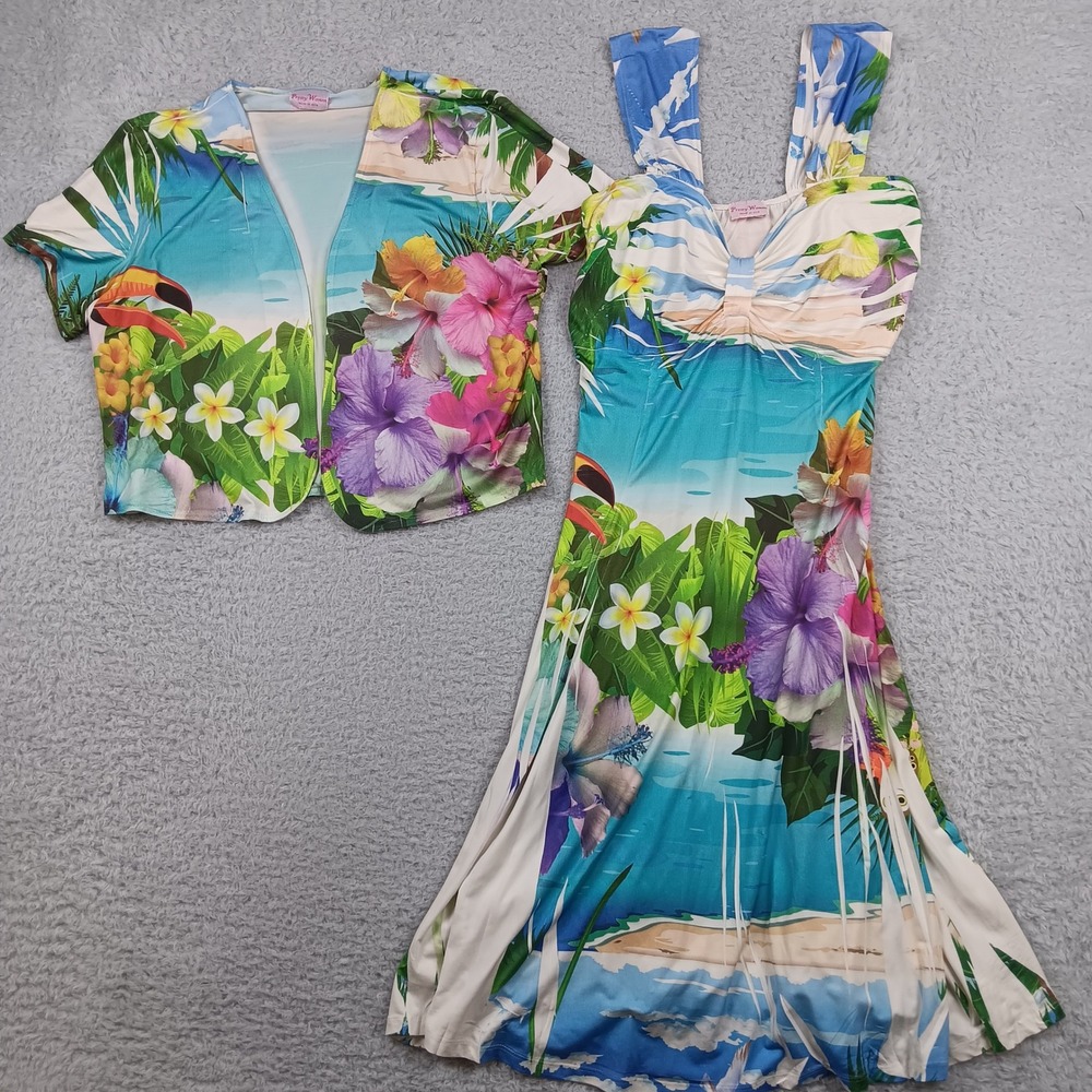 Pretty Woman Dress Set L Blue Tropical Floral Toucan Shrug D2039 T2636